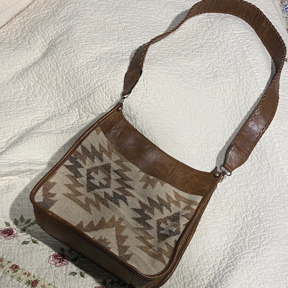Leather & Woven Aztec Shoulder Bag in Brown